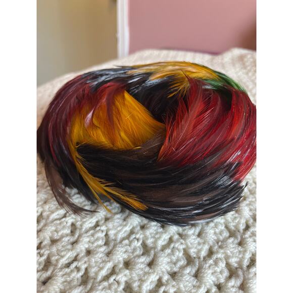 Vintage 1940s Feather Skull Cap Hat Wool Red Yellow Green Black